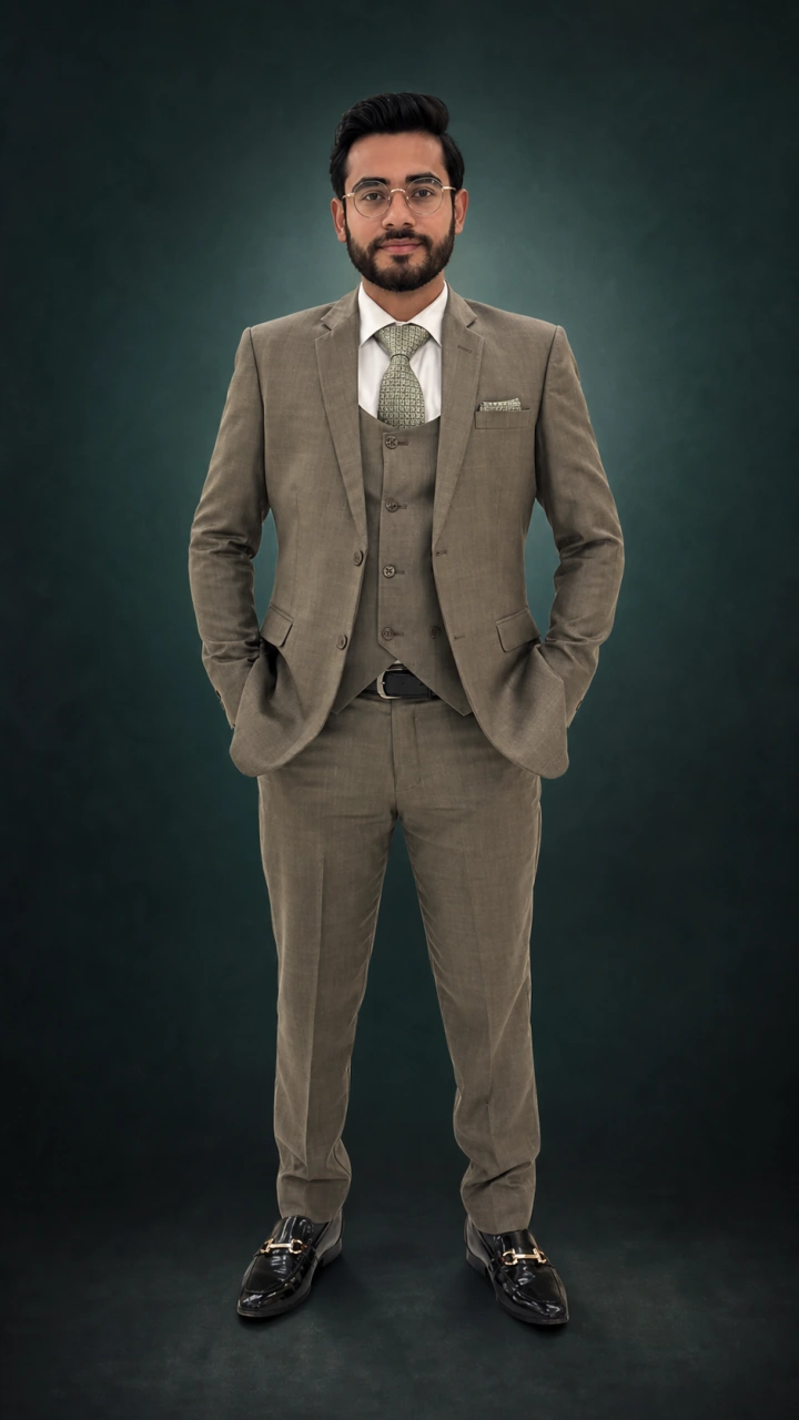 Usman Akhtar in formal attire against a dark emerald studio background