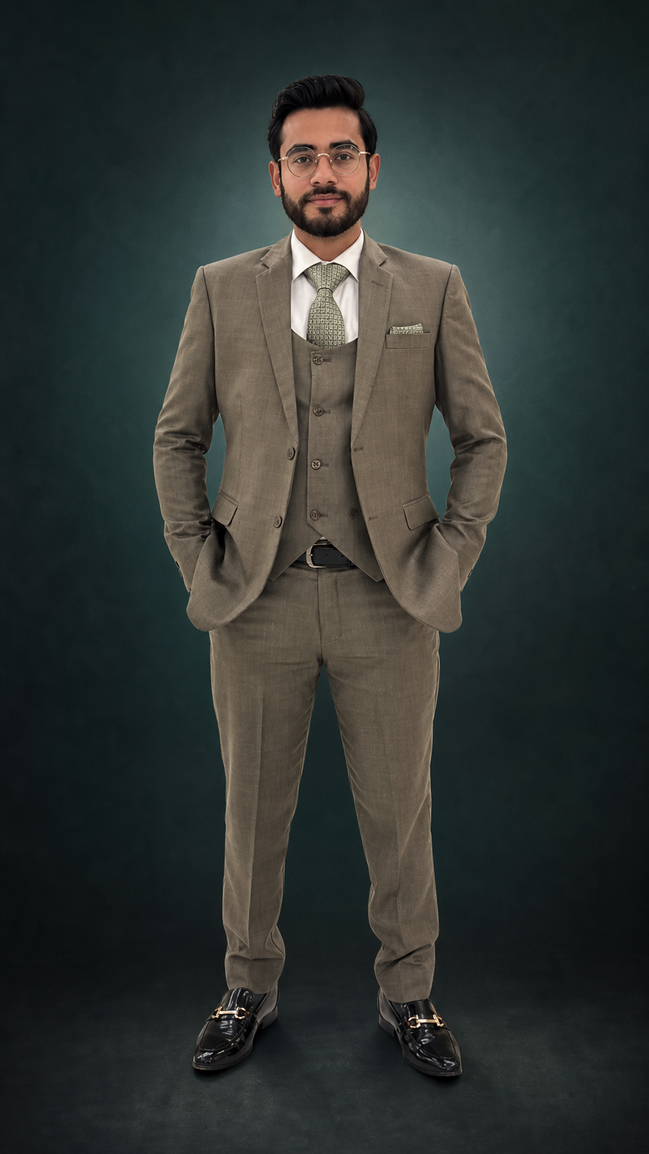 Usman Akhtar in formal attire against a dark emerald studio background